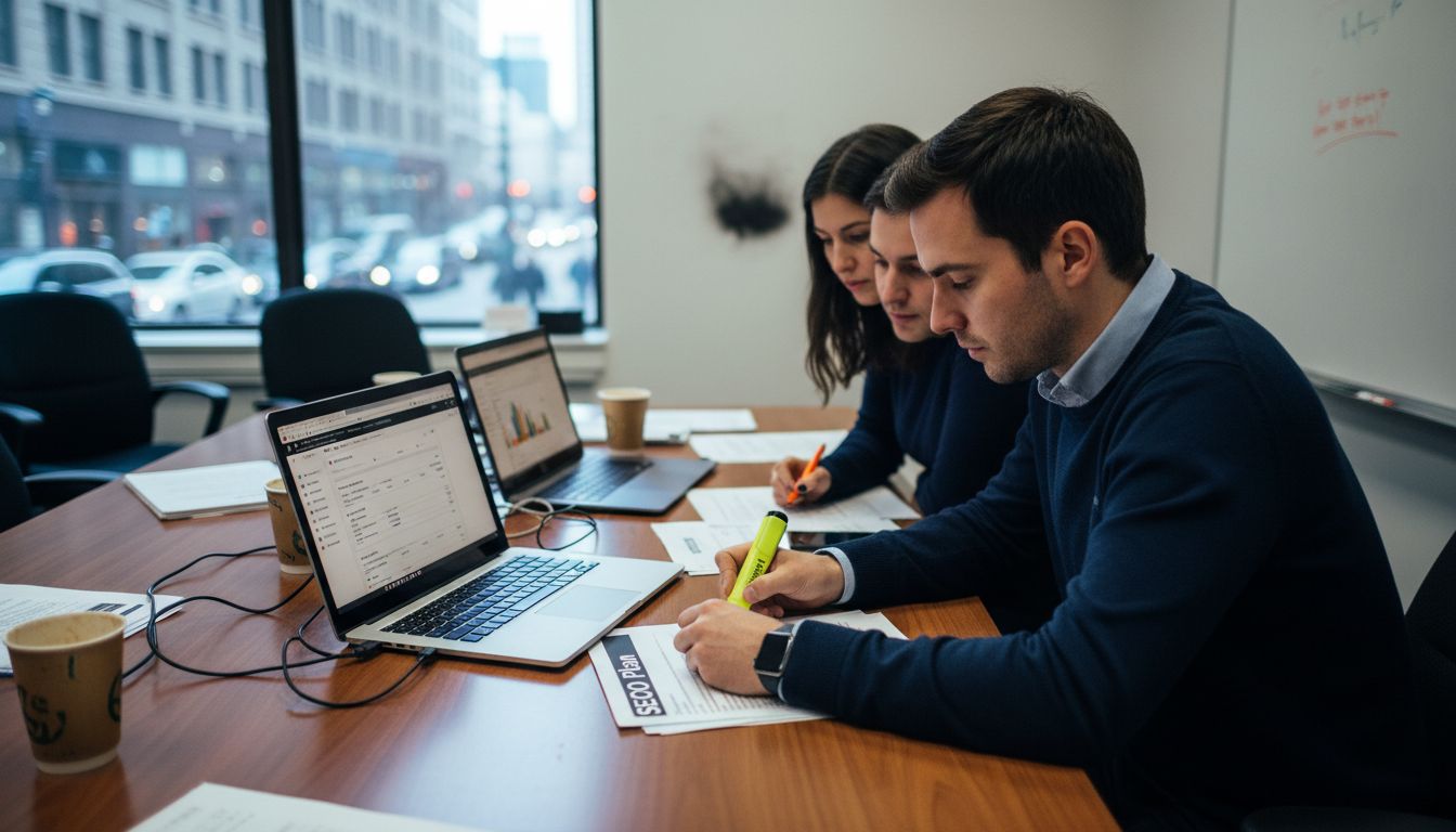 Bookkeepers reviewing SEO plan in meeting