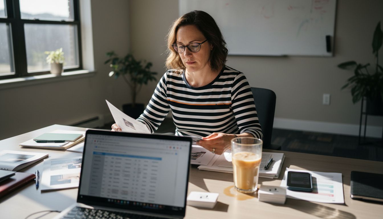 Woman comparing automation tool brochures in office