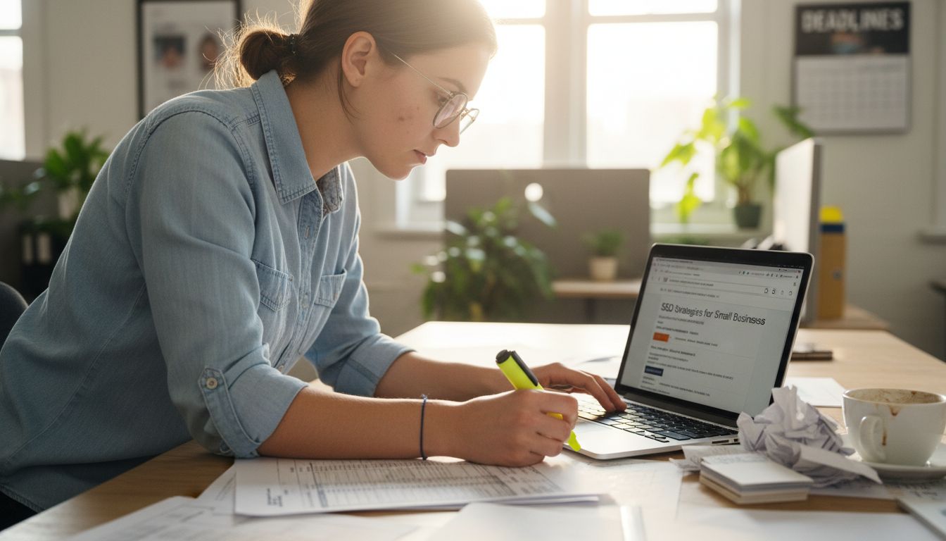 Accountant reviewing SEO keywords at desk