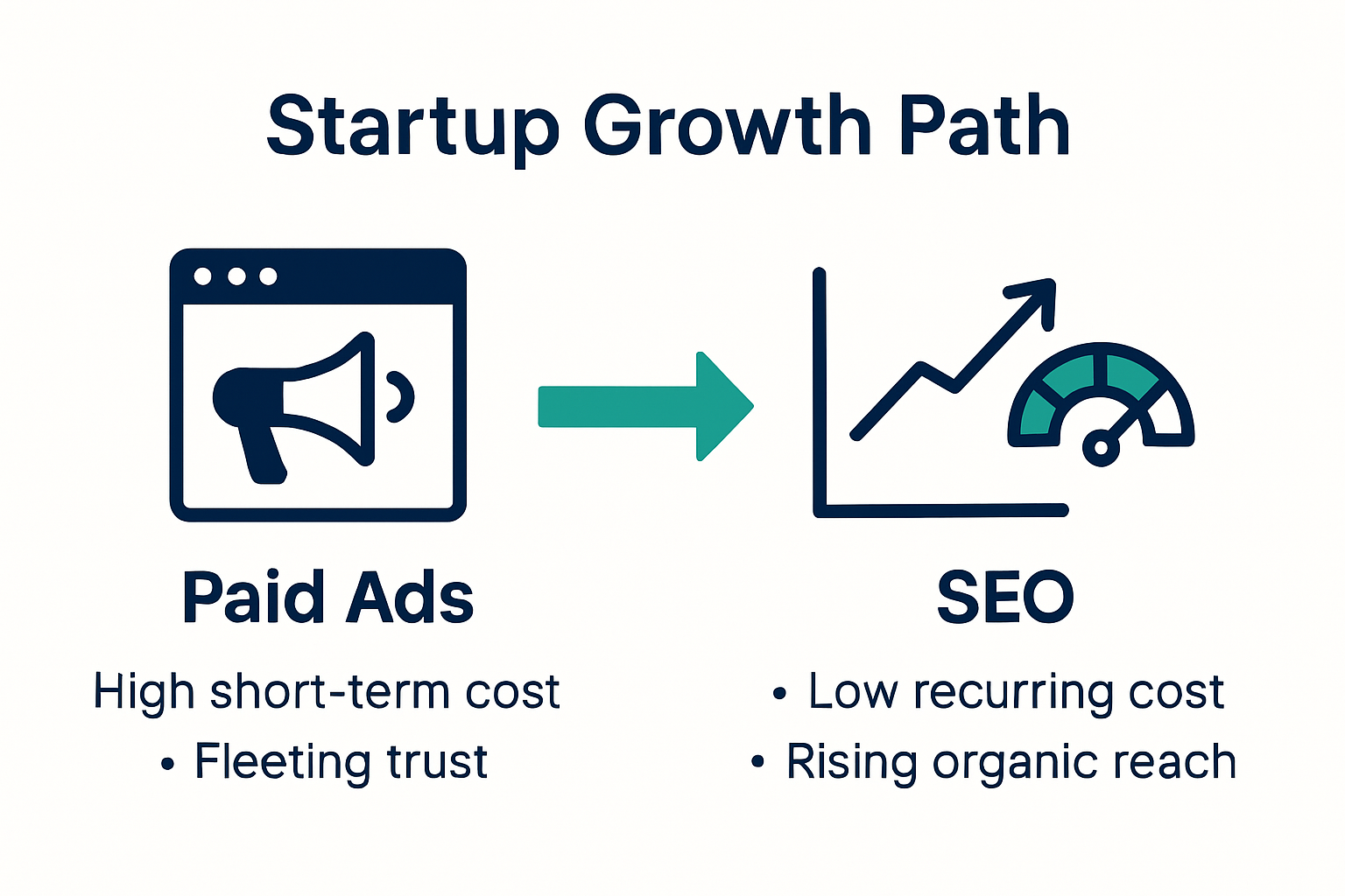 Infographic comparing paid ads versus SEO benefits for startups