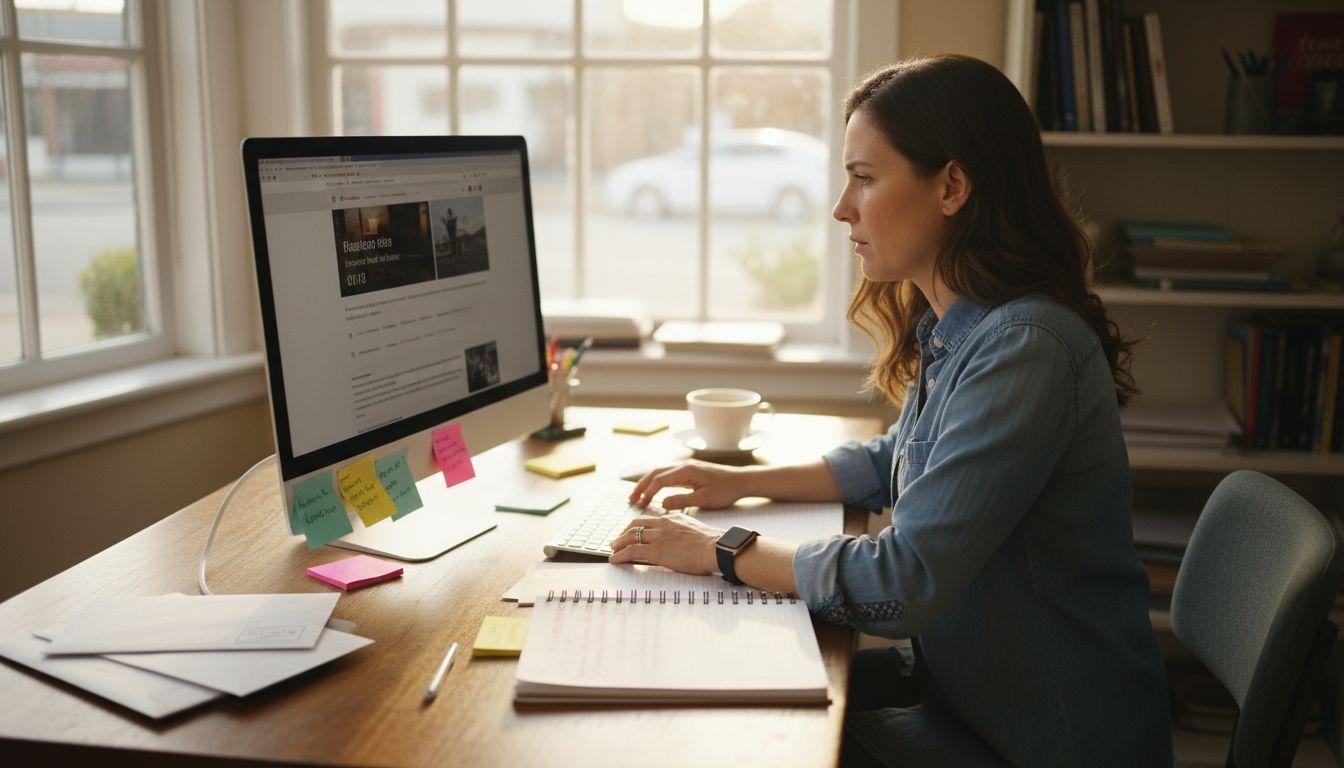 Small business owner updating website at sunny main street office