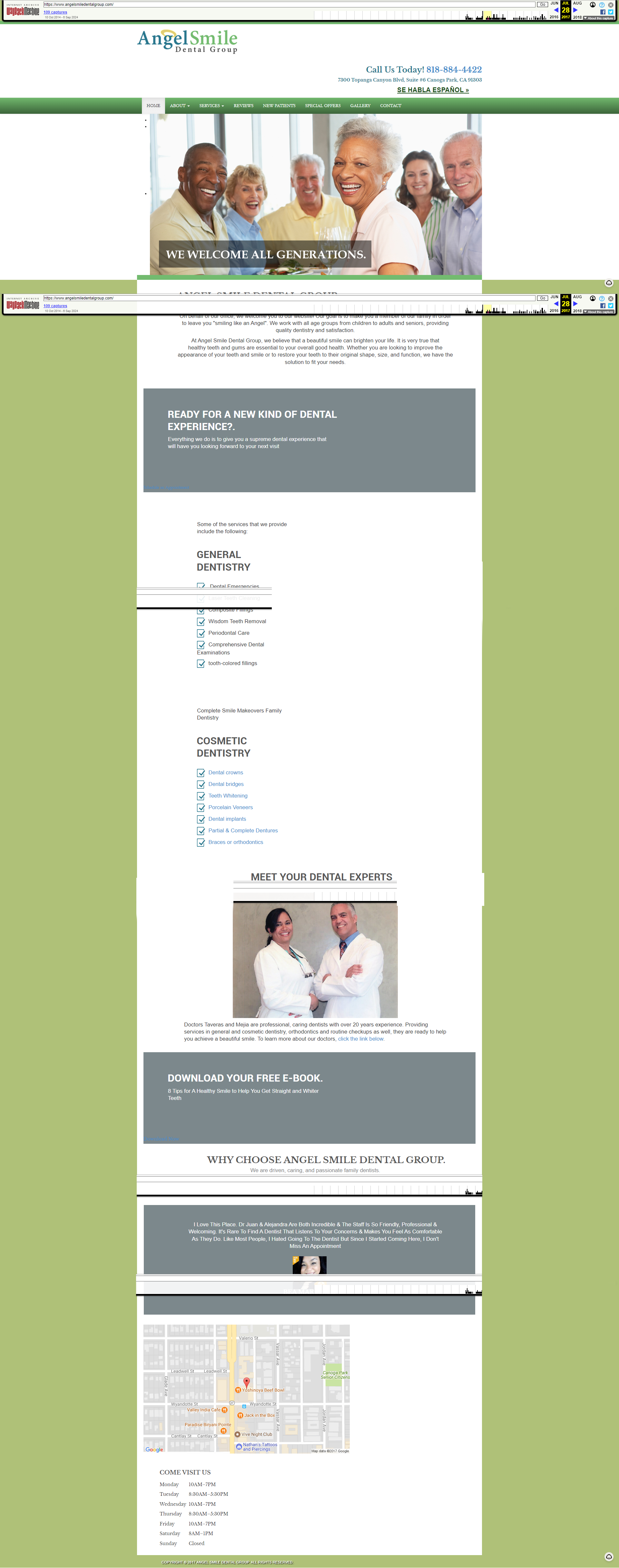 Angel Smile Dental Group original website from 2017, based in Canoga Park, California, before the practice partnered with Progeektech and moved to a bigger clinic in Chatsworth. Basic layout with generic dental stock photography.