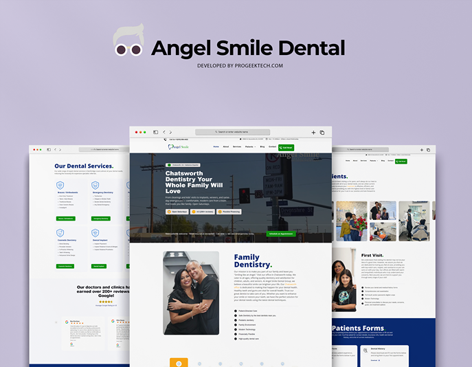Angel Smile Dental Group new website design by Progeektech, showing family-friendly branding, clear appointment booking, and mobile-optimized layout for local dental patients in Chatsworth.