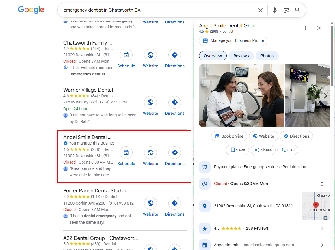 Angel Smile Dental Group Google Business Profile showing 298 five-star reviews, 4.5-star average rating, and top rankings for dentist searches in Chatsworth, California.