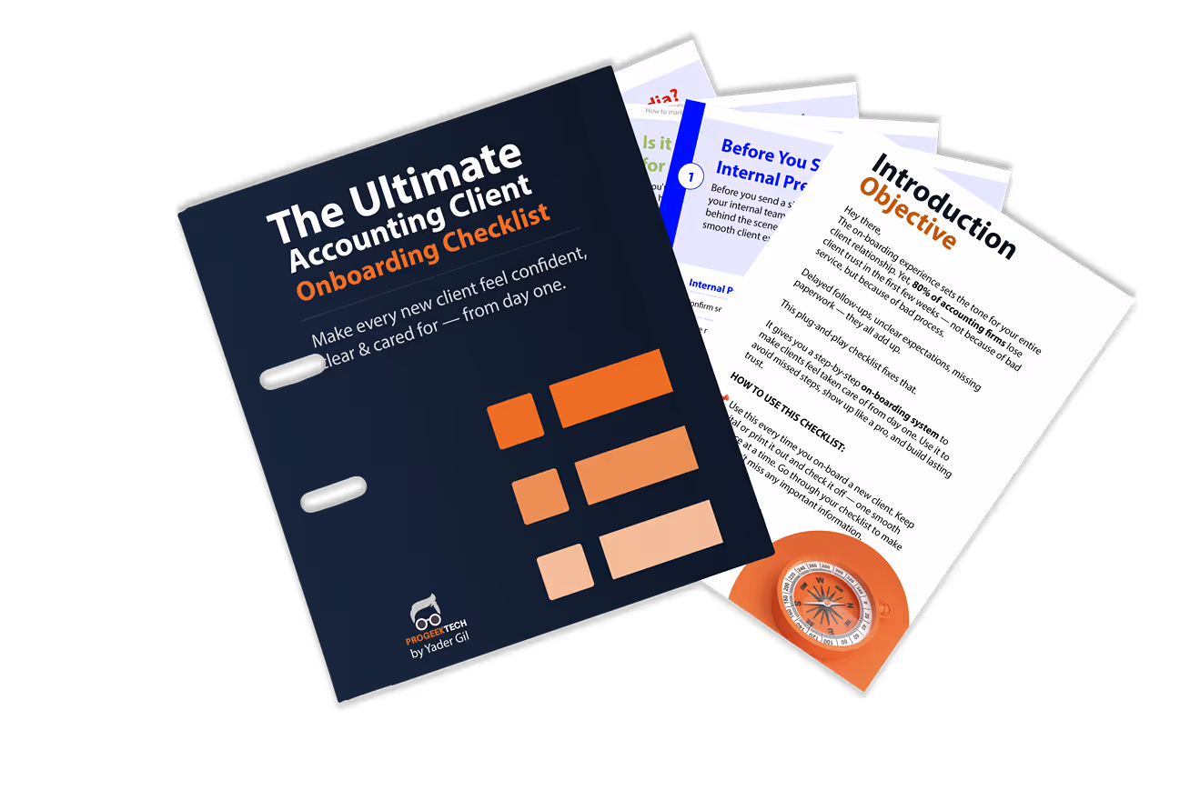 The Ultimate Accounting Client Onboarding Checklist booklet with visible pages showing introduction and objectives.