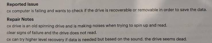 Best Buy invoice noting clicking hard drive issue for NoHo business, unable to recover data