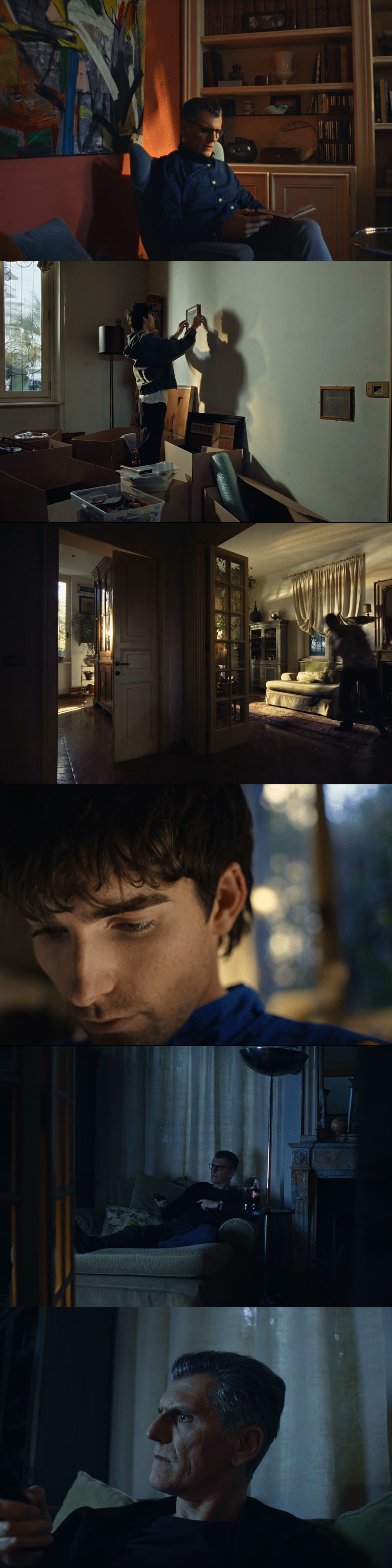 Collage of men in dimly lit rooms reading, arranging frames, and watching TV on couch.