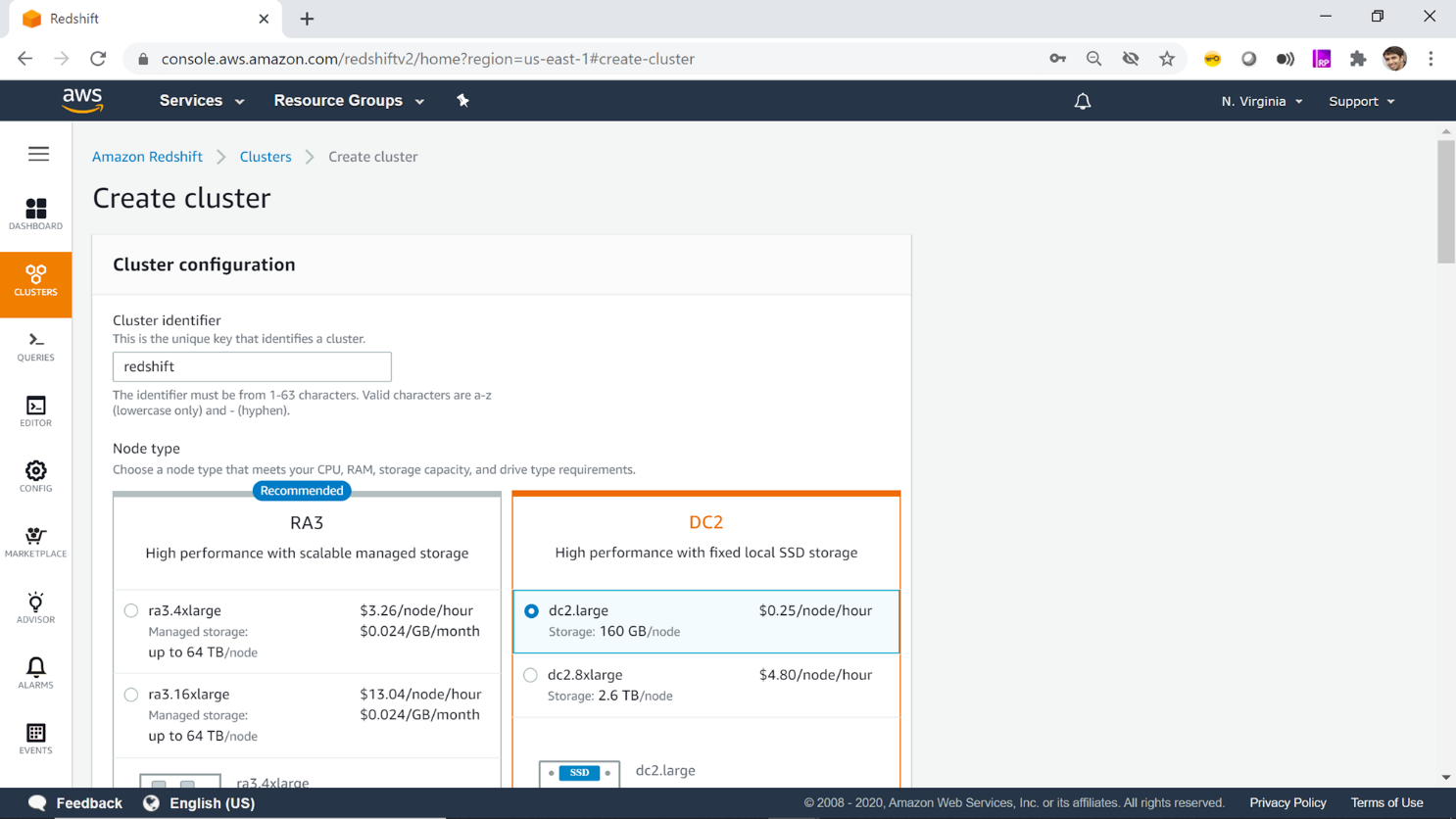 Redshift create cluster