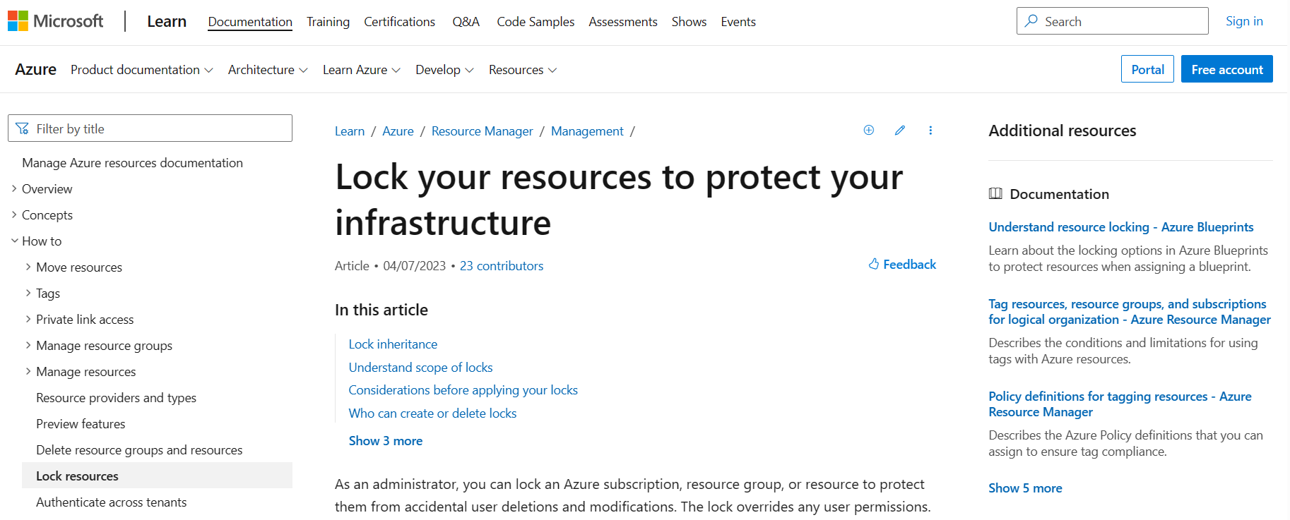 Image of Azure Resource Locks page, explaining how to lock your resources to protect your infrastructure