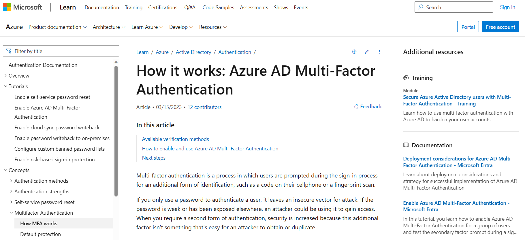 Image of Azure AD Multi-Factor Authentication page, explaining how it works