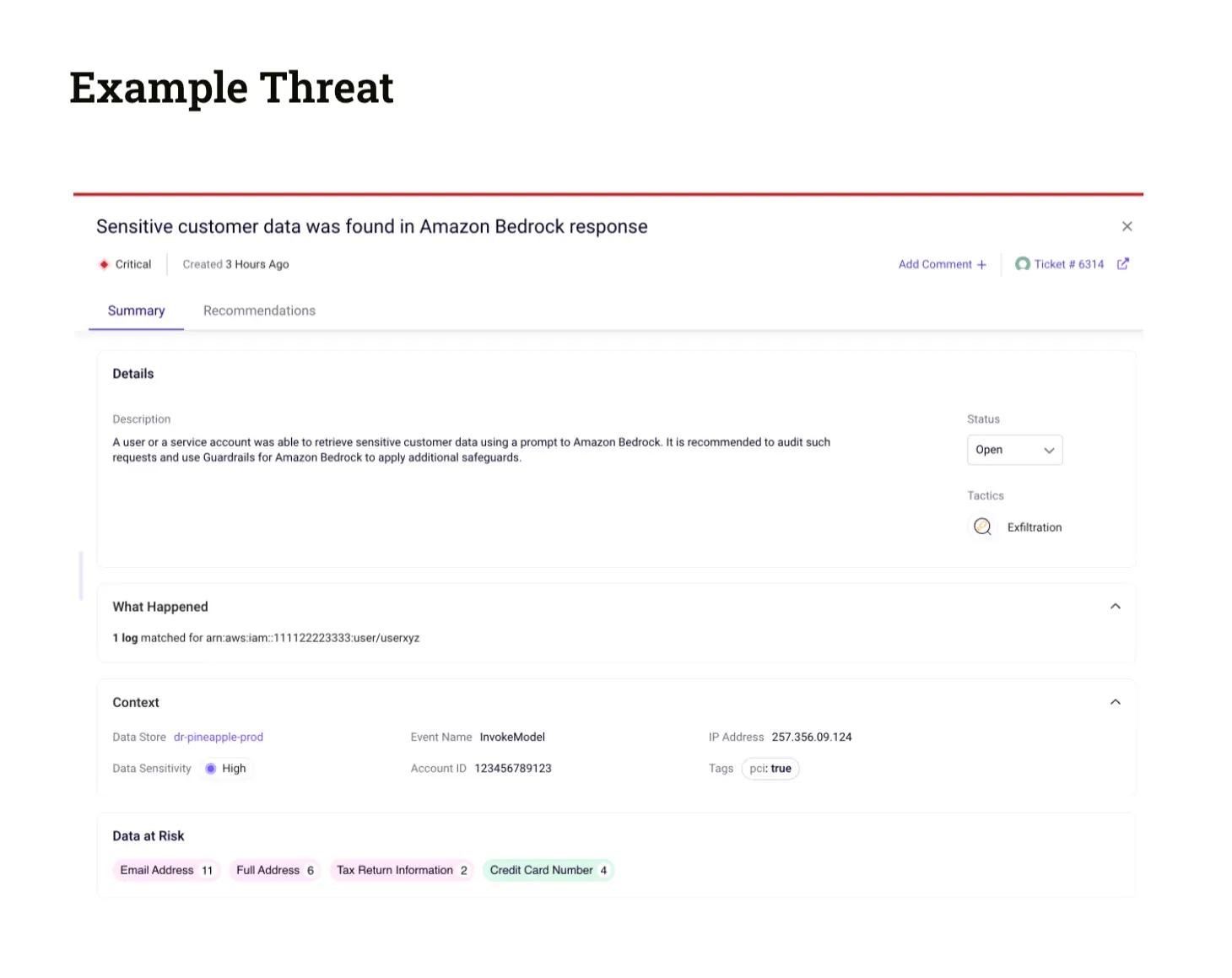 Example threat sensitive customer data found in Amazon Bedrock response