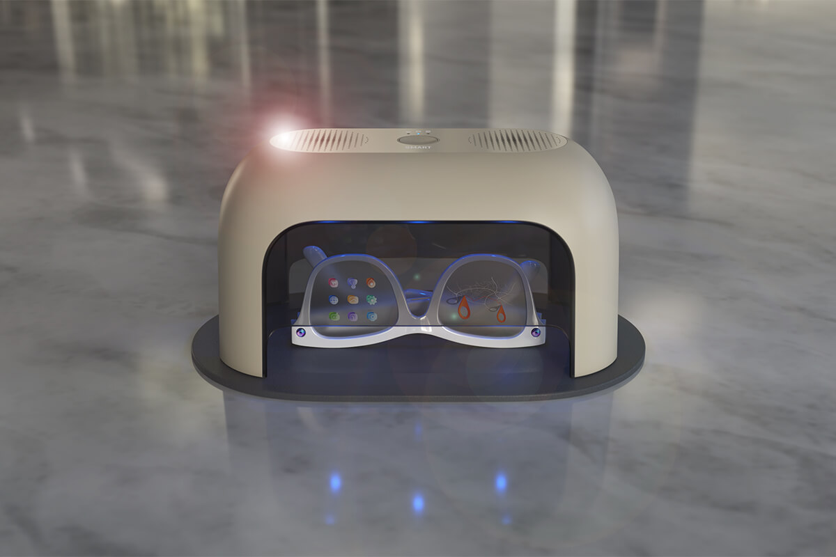 Smart drying cap for AI- and hearing glasses front view in realistic surroundings