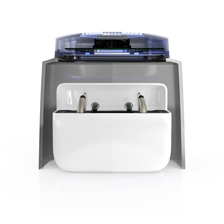 Dry box for all rechargeable hearing aids dry-cap uv 2.2® Standard view on average with hearing aid charging station