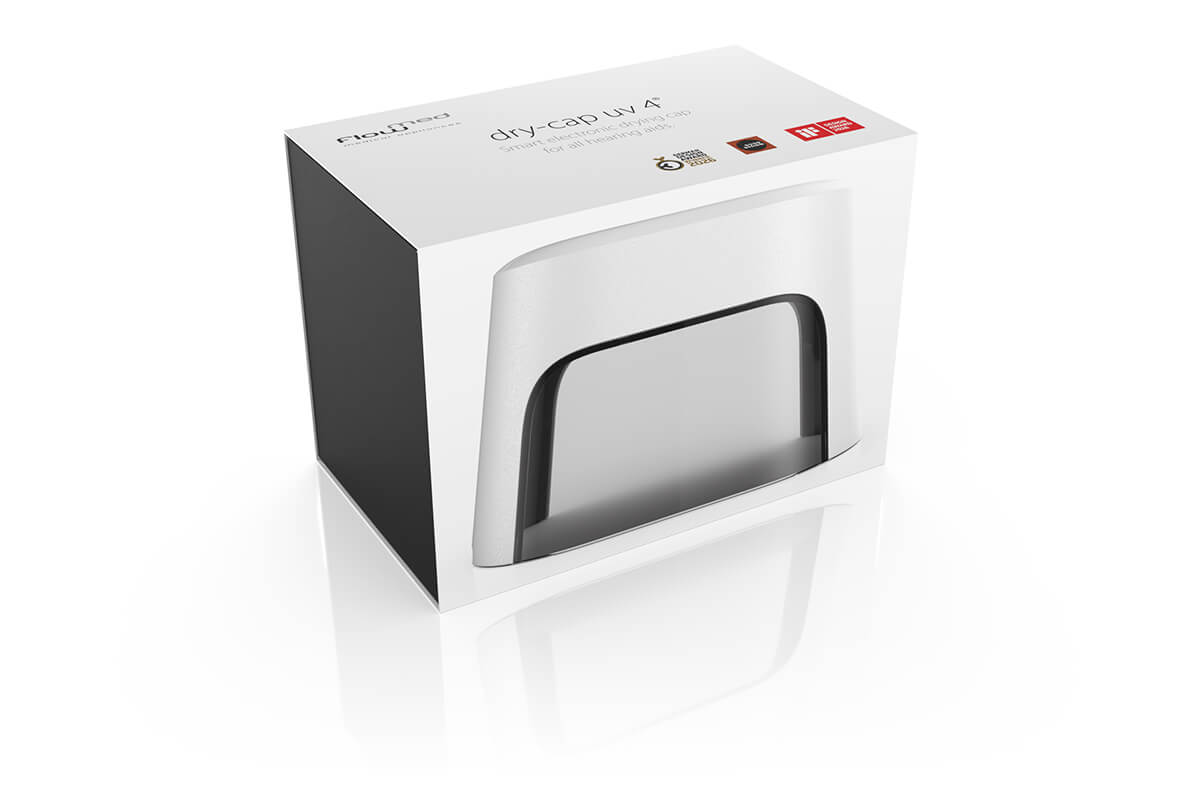 Smarte Trockenbox für alle Hörsysteme dry-cap uv 4® Verpackung