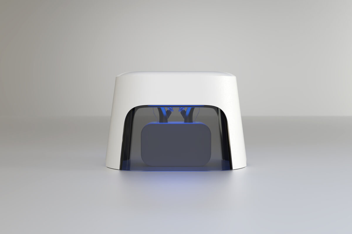 Caja seca inteligente para todos los audífonos dry-cap uv 4® con vista frontal en la cocina