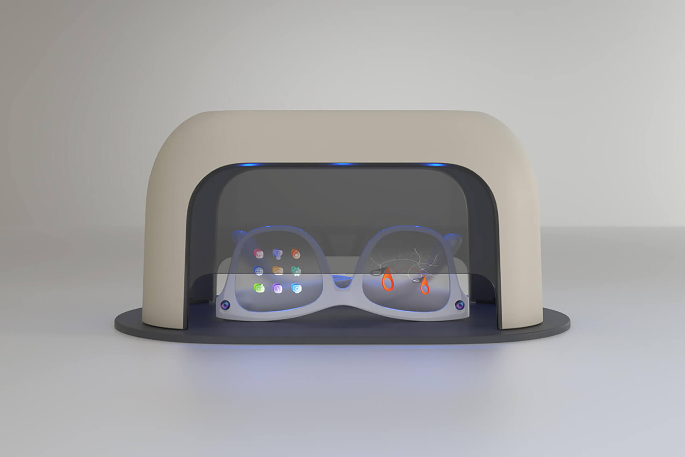 Smarte Trockenhaube für AI- und Hörbrillen dry-glasses uv® Vorderansicht in realistischer Umgebung