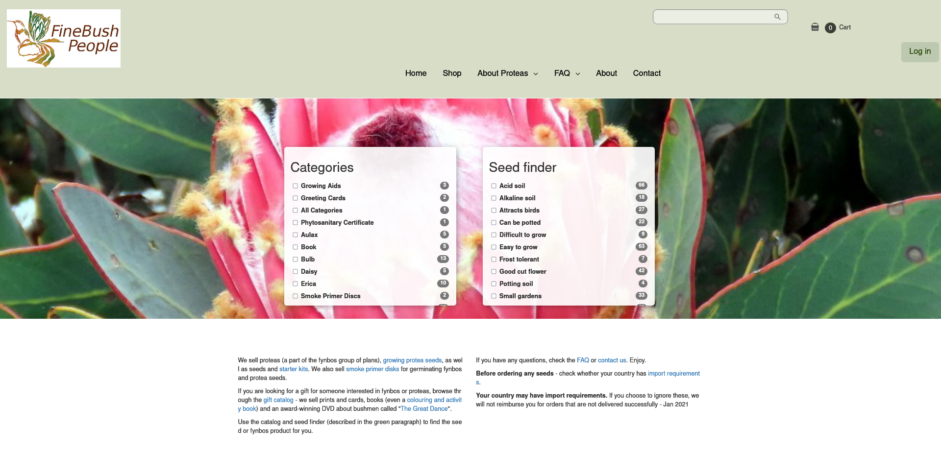 Screenshot of Protea seeds home page