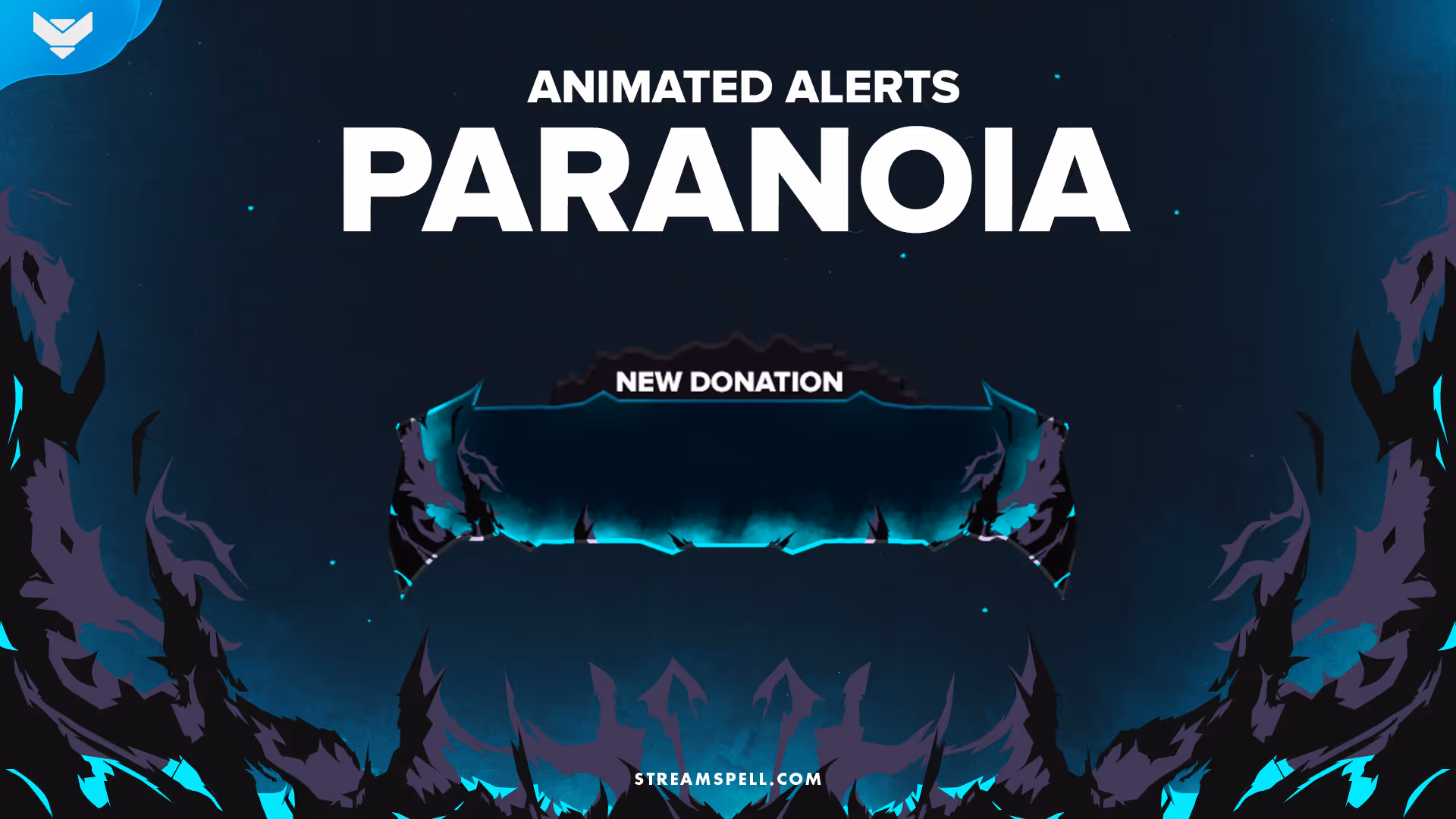 Paranoia animated stream alerts by StreamSpell — dark and dramatic overlay with blue fire effects, inspired by Valorant’s Omen aesthetic. Includes animated alerts like new donation. Ideal for FPS or dark-themed Twitch streams. Compatible with OBS Studio and Streamlabs
