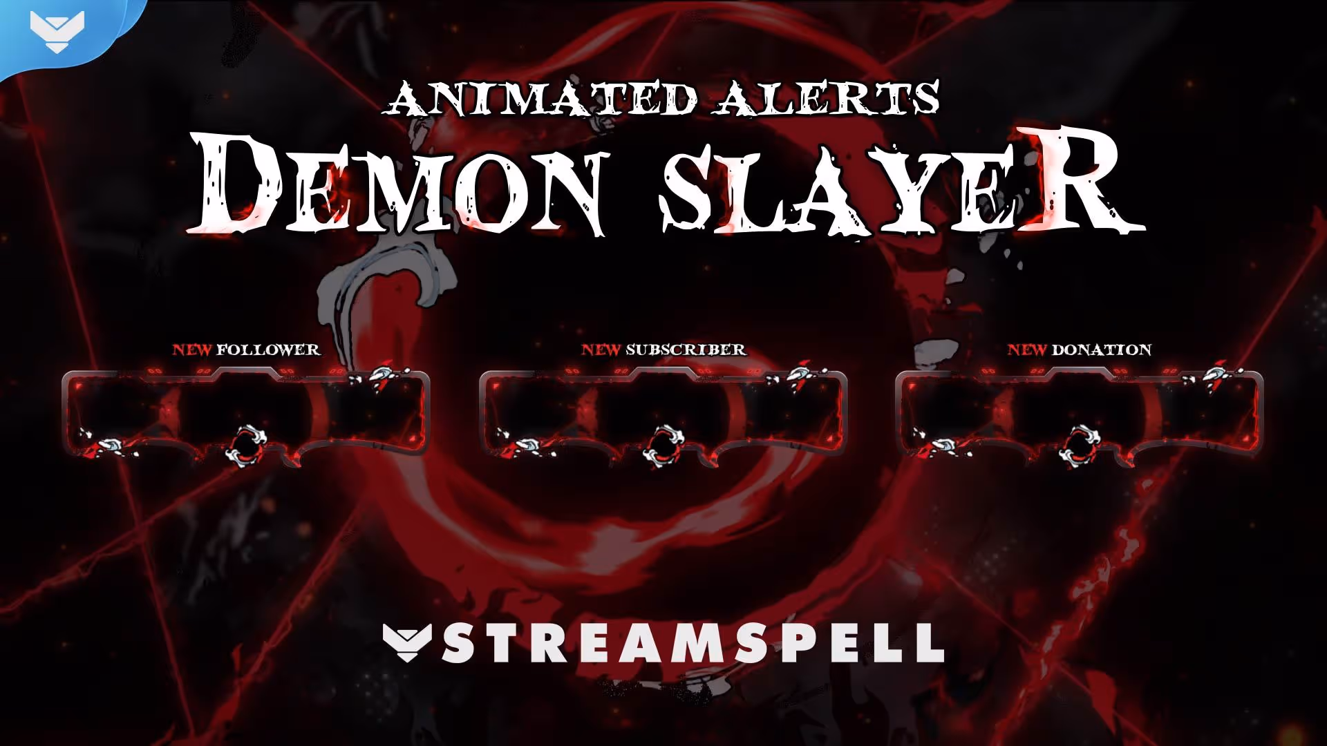 Demon Slayer animated stream alerts preview by StreamSpell — featuring bold red, black, and white overlays with sword slash effects inspired by the anime. Includes alerts for new follower, subscriber, and donation. Perfect for anime-themed Twitch streams. Compatible with OBS Studio and Streamlabs.