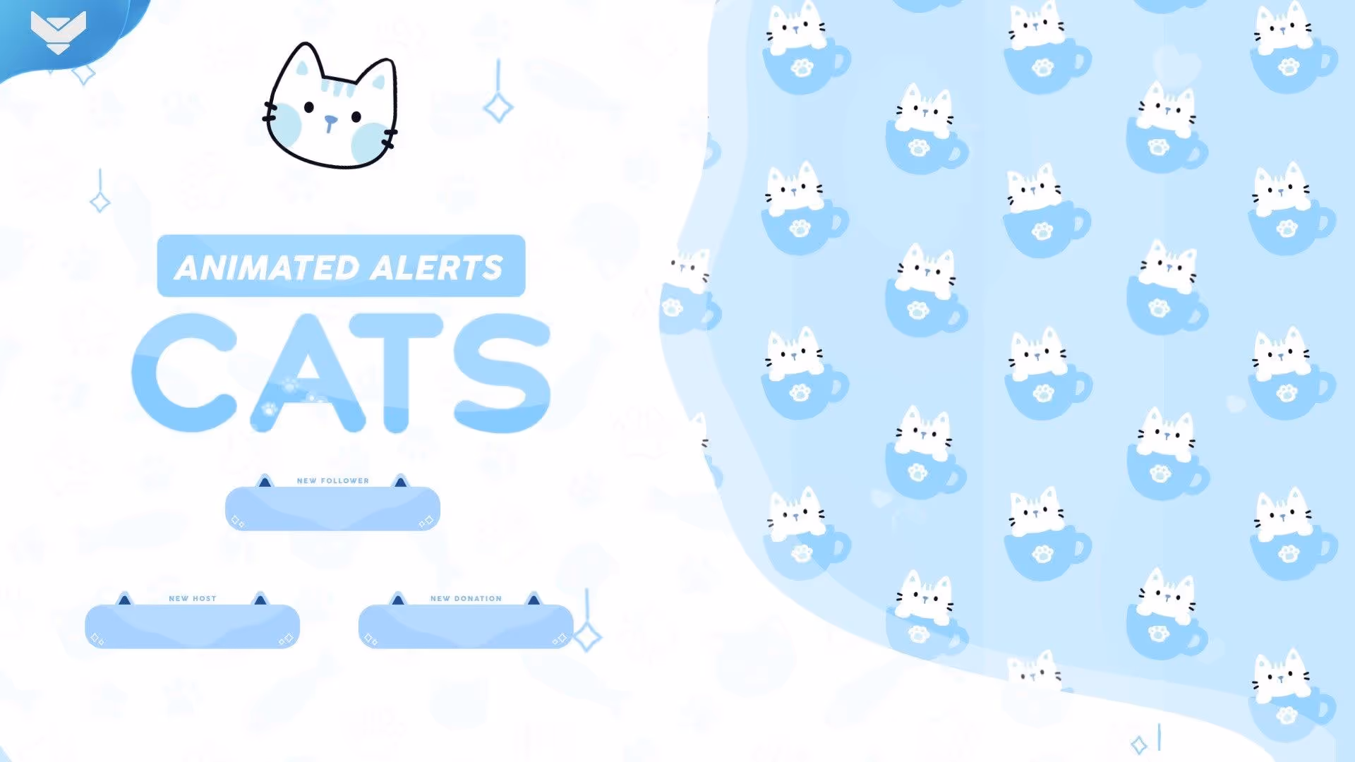Blue version of Cats animated stream alerts by StreamSpell — features adorable white kittens inside teacups on a pastel blue background. Includes alerts for new follower, donation, and host. Ideal for cute Twitch stream setups. Compatible with OBS Studio and Streamlabs.