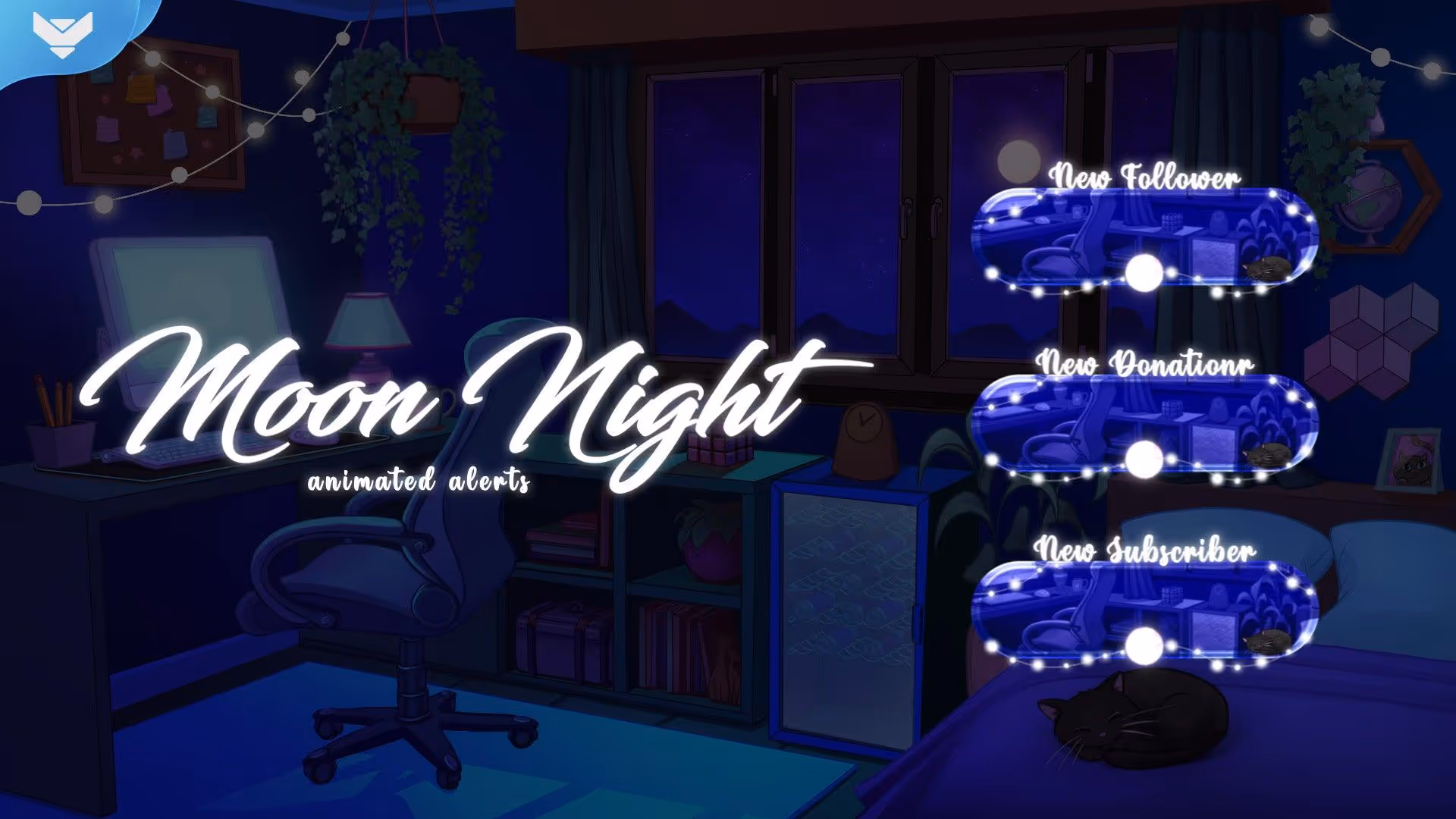 Moon Night animated stream alerts preview by StreamSpell — featuring cozy bedroom setup with glowing fairy lights and a sleeping cat, perfect for Twitch Just Chatting, study sprints, and cozy gaming streams. Includes animated alerts for new followers, donations, and subscribers. Compatible with OBS and Streamlabs.