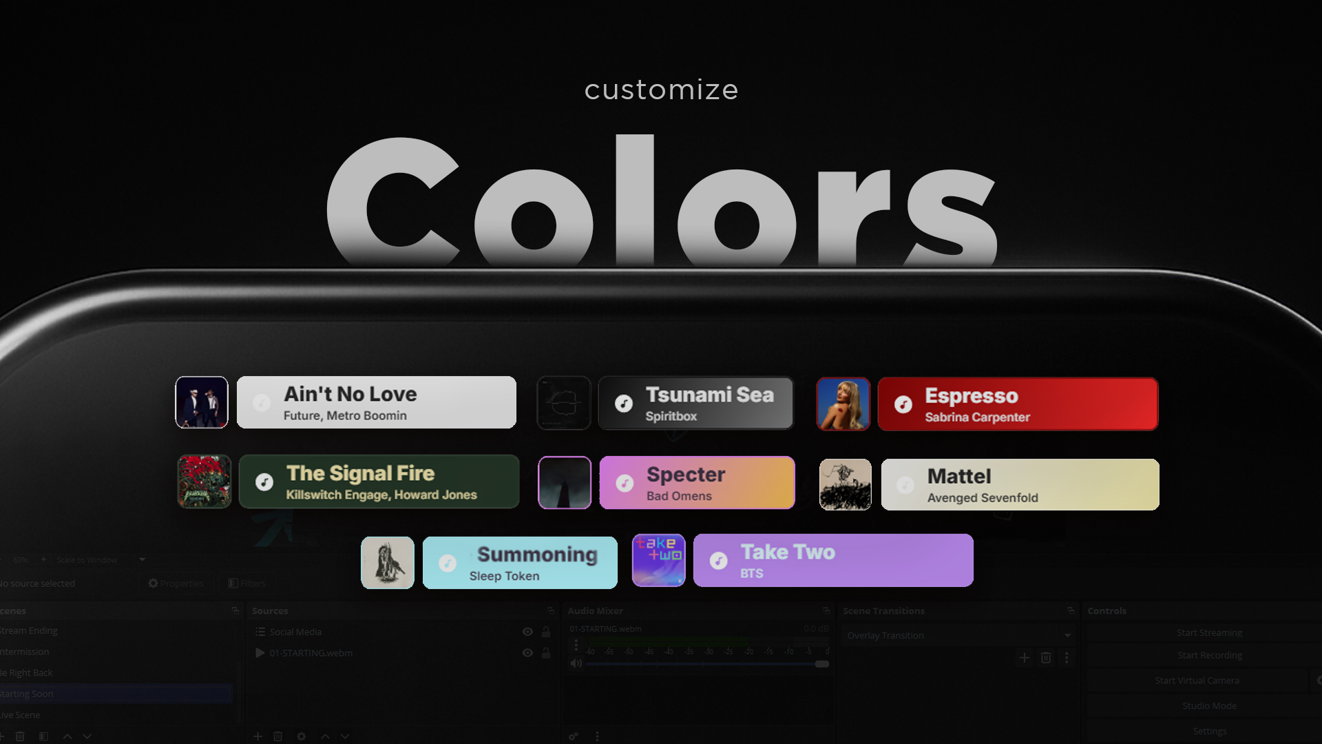 Eight examples of how the StreamSpell Spotify Widget could look like with color customization.