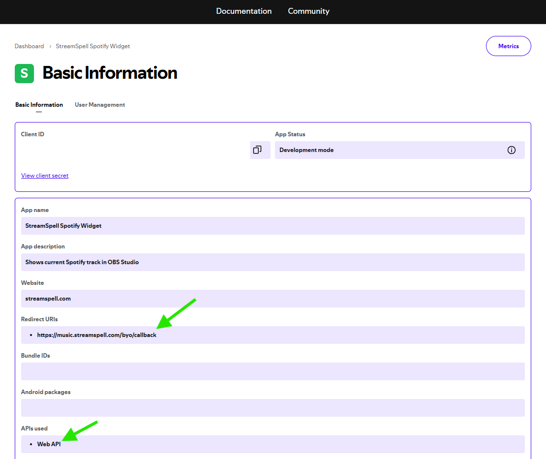 Spotify Developer app settings screen with Redirect URI field set to music.streamspell.com and Web API checked.