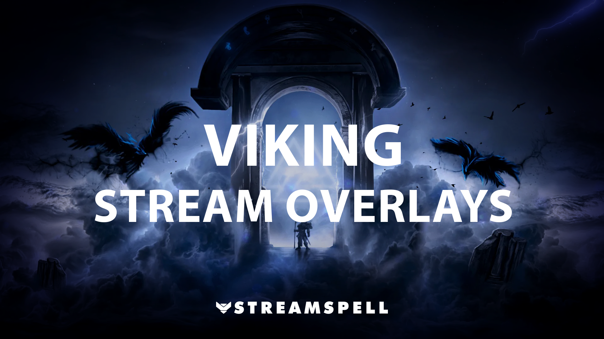 Viking portal with runes and two warriors, promoting Viking Stream Overlays by StreamSpell — ideal for Twitch and OBS.