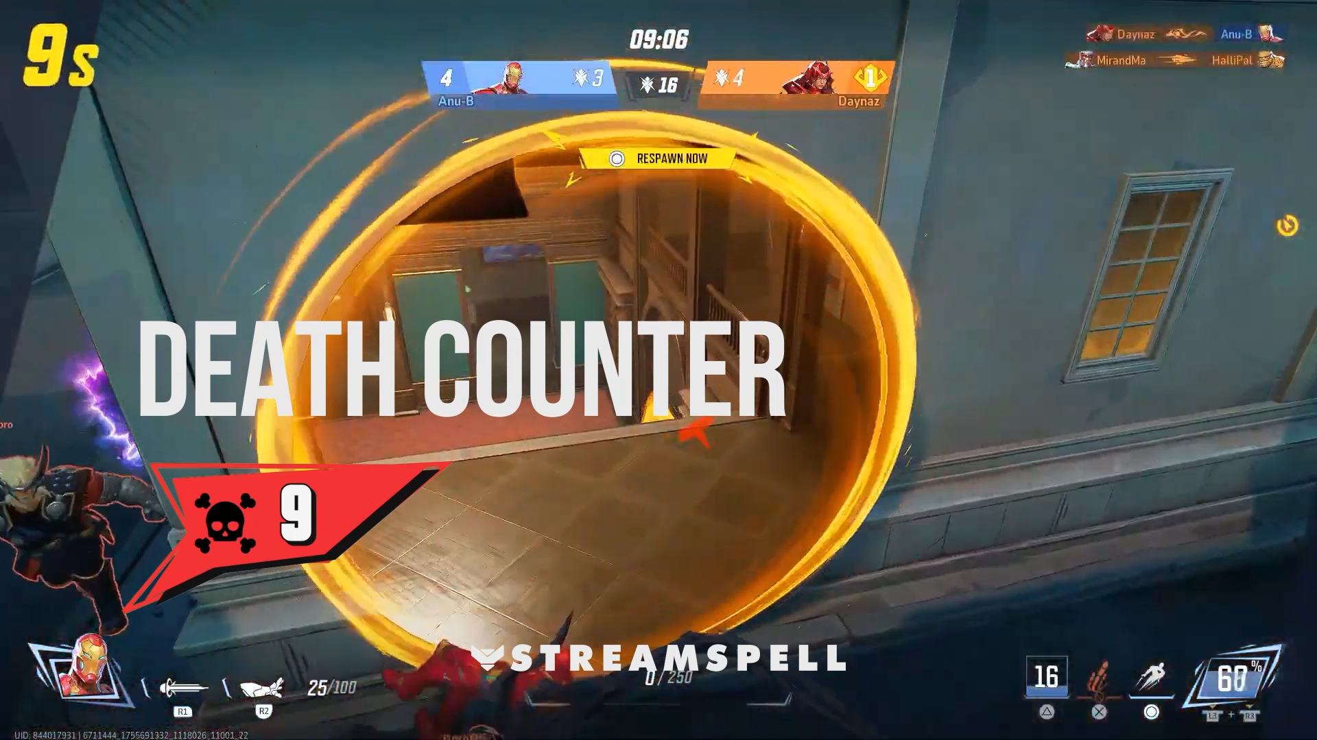 Comic-style game overlay showing a skull icon and death counter during a battle scene. MARVELOOSE! Reactive Overlays by StreamSpell for Twitch and YouTube, featuring real-time Streamlabs death tracking.