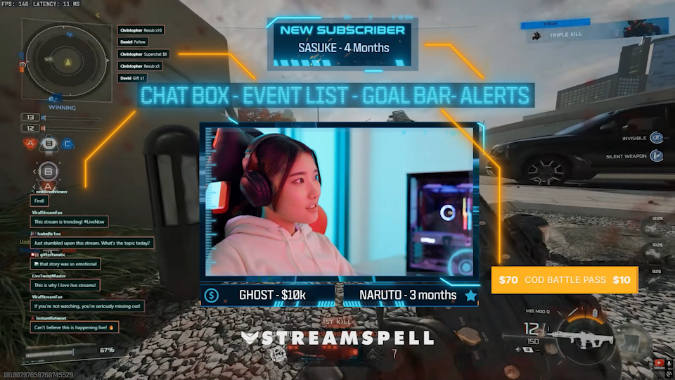 FPS HUD Animated Alerts and Stream Widgets (Chat box, Event List, Goal Bars)