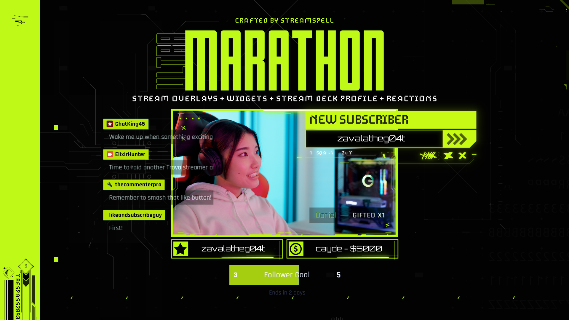 Stream Widgets such as Chat Box, Alerts, Goal Bar and Event list for Marathon. The image also shows a webcam overlay with sci-fi aesthetics.