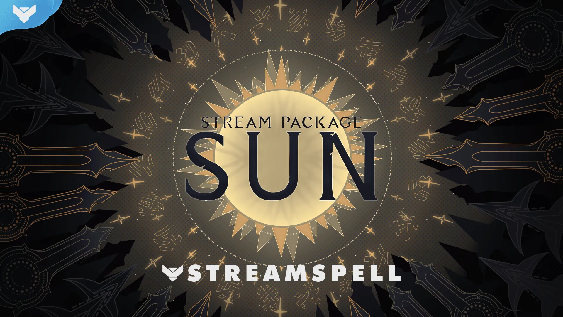 Golden sun-themed stream overlay with radiant beams and celestial symbols, promoting the Sun version of the Sun and Moon Stream Package by StreamSpell. Ideal for League of Legends streams on Twitch, YouTube, and Kick. Compatible with OBS Studio and Streamlabs, featuring animated alerts, screens, and transitions.