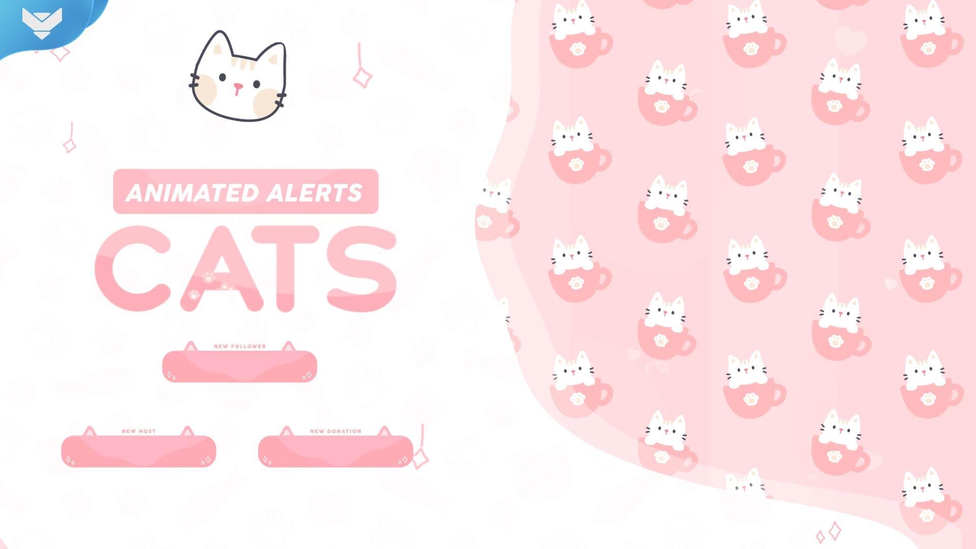 Pink version of Cats animated stream alerts by StreamSpell — white kittens in pink teacups decorate this soft and kawaii overlay design. Perfect for cozy and feminine Twitch streams. Includes animated alerts and is fully compatible with OBS Studio and Streamlabs.