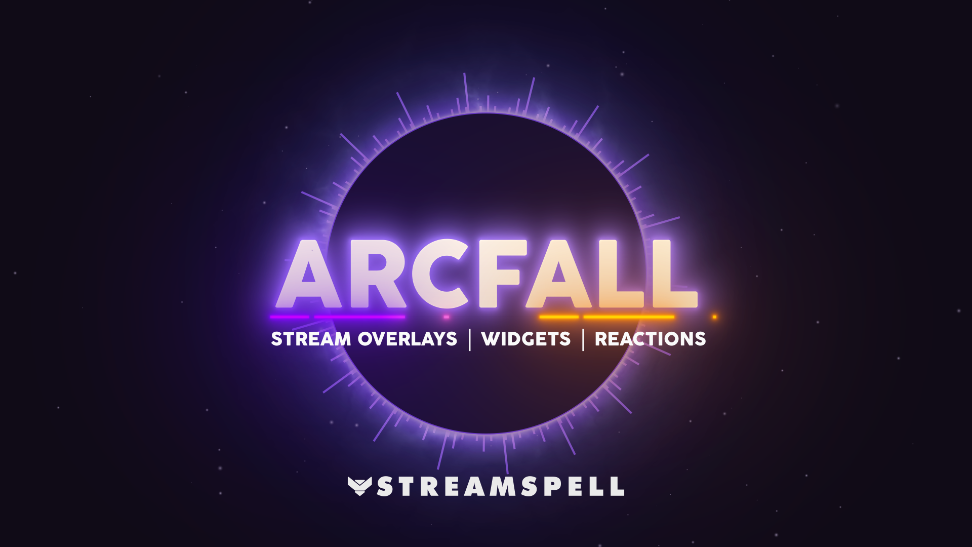 Futuristic neon sci-fi background with glowing circular HUD design and the text “Arcfall – Stream Overlays, Widgets, Reactions” by StreamSpell. Promotes animated Twitch overlays compatible with OBS Studio, Streamlabs, and StreamElements, featuring stream widgets and reactive overlays for gaming streams.