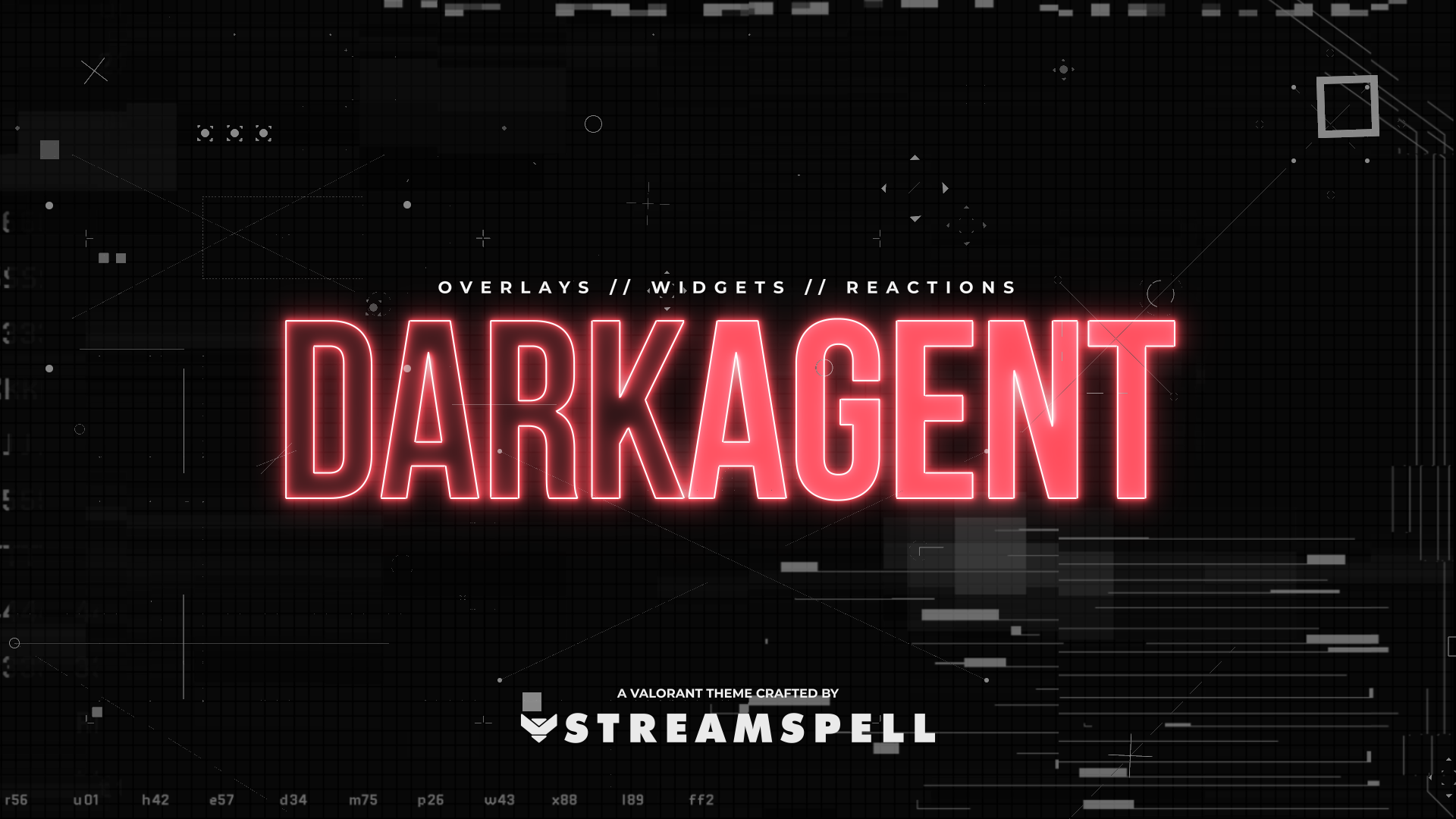 Futuristic dark interface with glowing red neon text “Dark Agent” and HUD-style elements, promoting tactical stream overlays by StreamSpell with widgets and reactive overlays for OBS, Streamlabs, and Twitch.