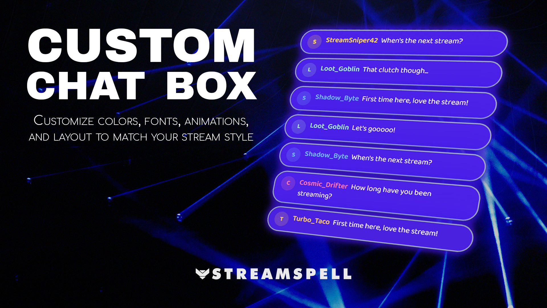 Custom chat box widget with glowing purple message bubbles and animated Twitch-style chat, promoting the Stream Widgets Hub by StreamSpell. Ideal for Twitch, YouTube, and Kick streams. Fully customizable colors, fonts, animations, and layout. Compatible with OBS Studio, Streamlabs, and StreamElements.