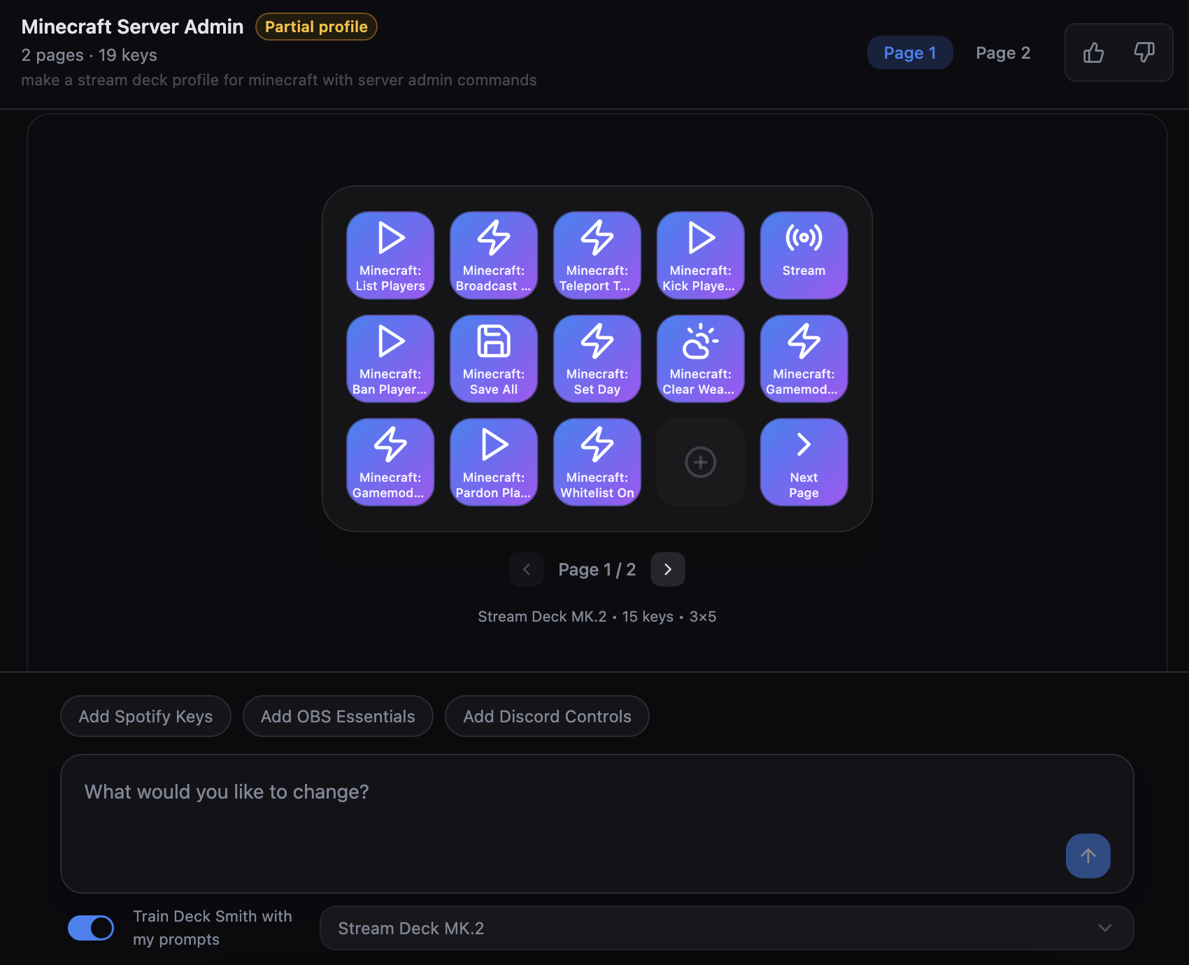 A Stream Deck Profile for MK2 generated by Deck Smith, including Minecraft Server Admin commands.