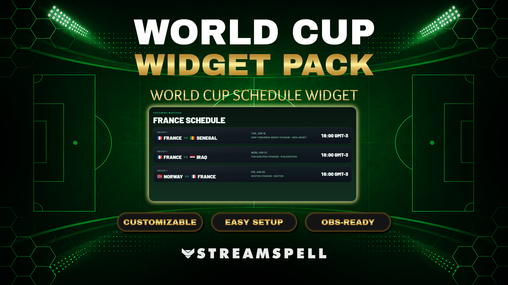 World Cup Schedule Widget by StreamSpell showing upcoming football matches in a green stadium-themed design for OBS, Streamlabs, and StreamElements.