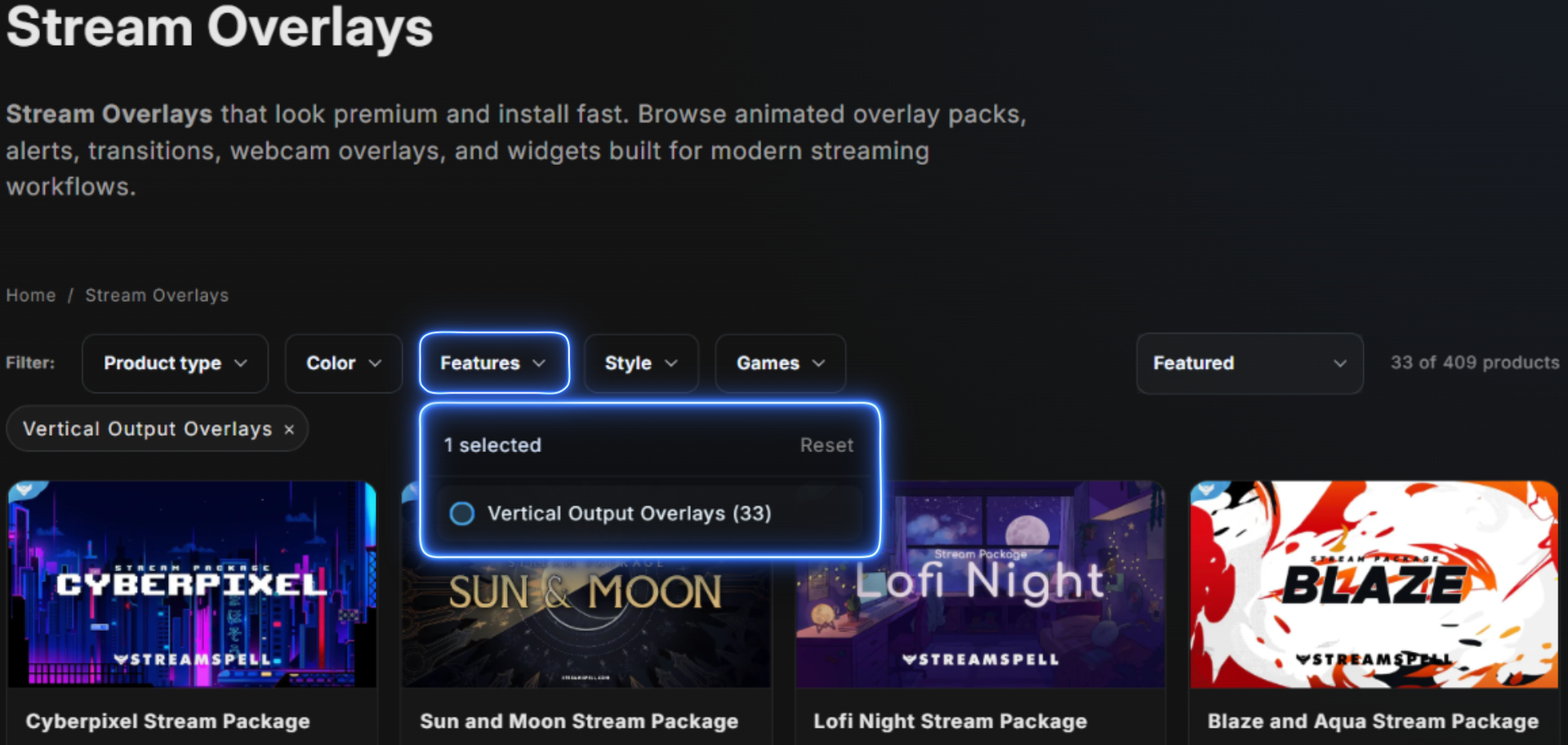 StreamSpell Store page showing the Features filter with Vertical Output Overlays selected, highlighting stream packages with vertical layouts for Twitch Dual Format streaming