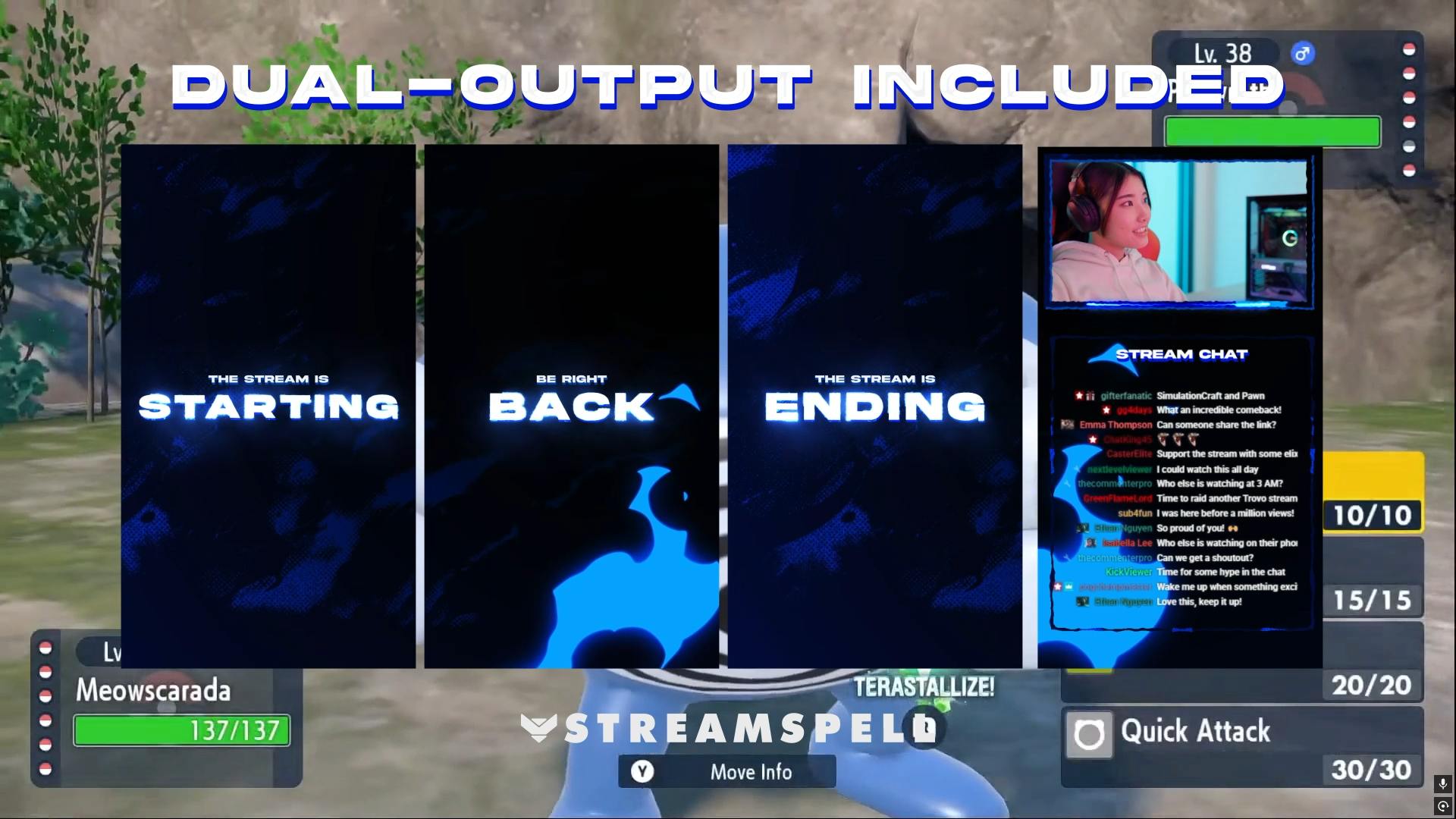 Lunar Silver Stream Package by StreamSpell showing vertical Dual-Output overlays, Starting, BRB, Ending screens, webcam overlay, and stream chat layout in a blue animated design.