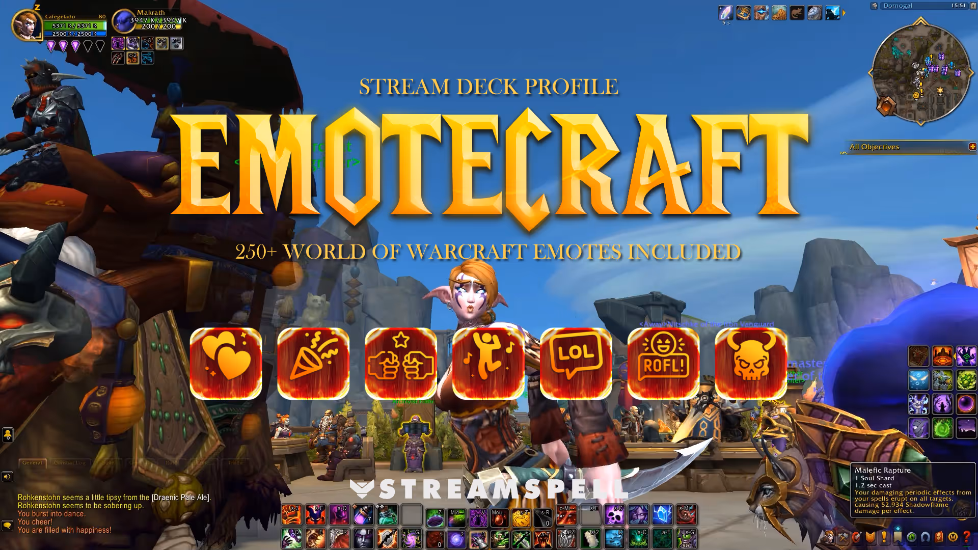 World of Warcraft Stream Deck Profile with over 240 emote commands, featuring a display of the layout using Stream Deck Neo.