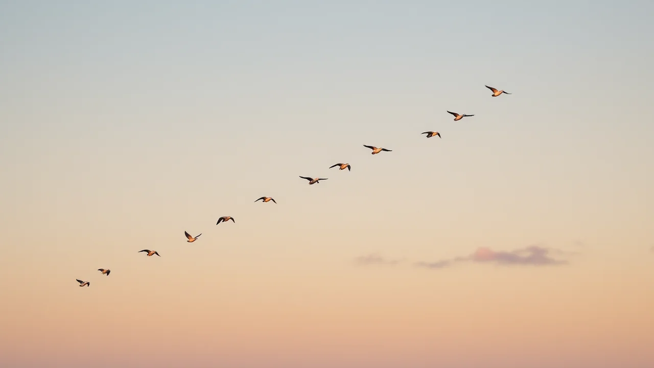 Geese flying in formation across an evening sky