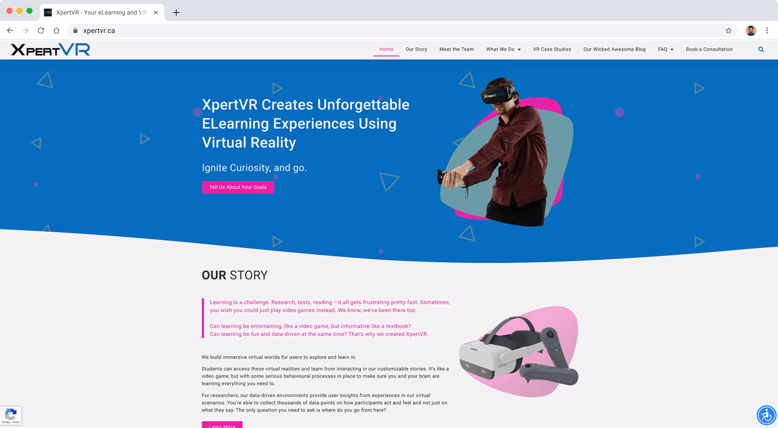 A homepage with a hero image showing a man with a VR headset on followed by a section telling the story of XpertVR