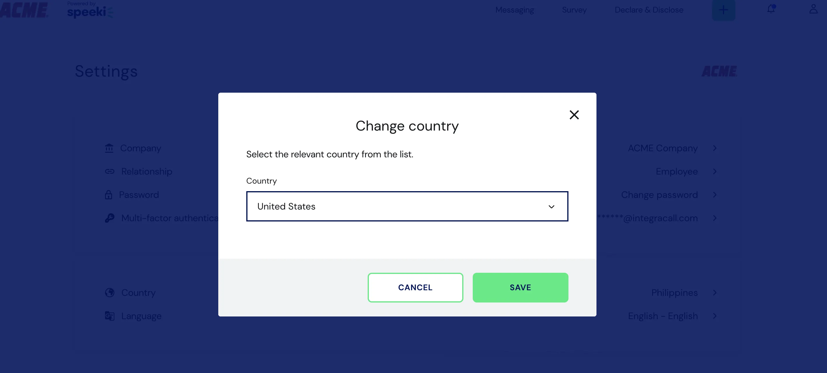 Web Portal Change country screen