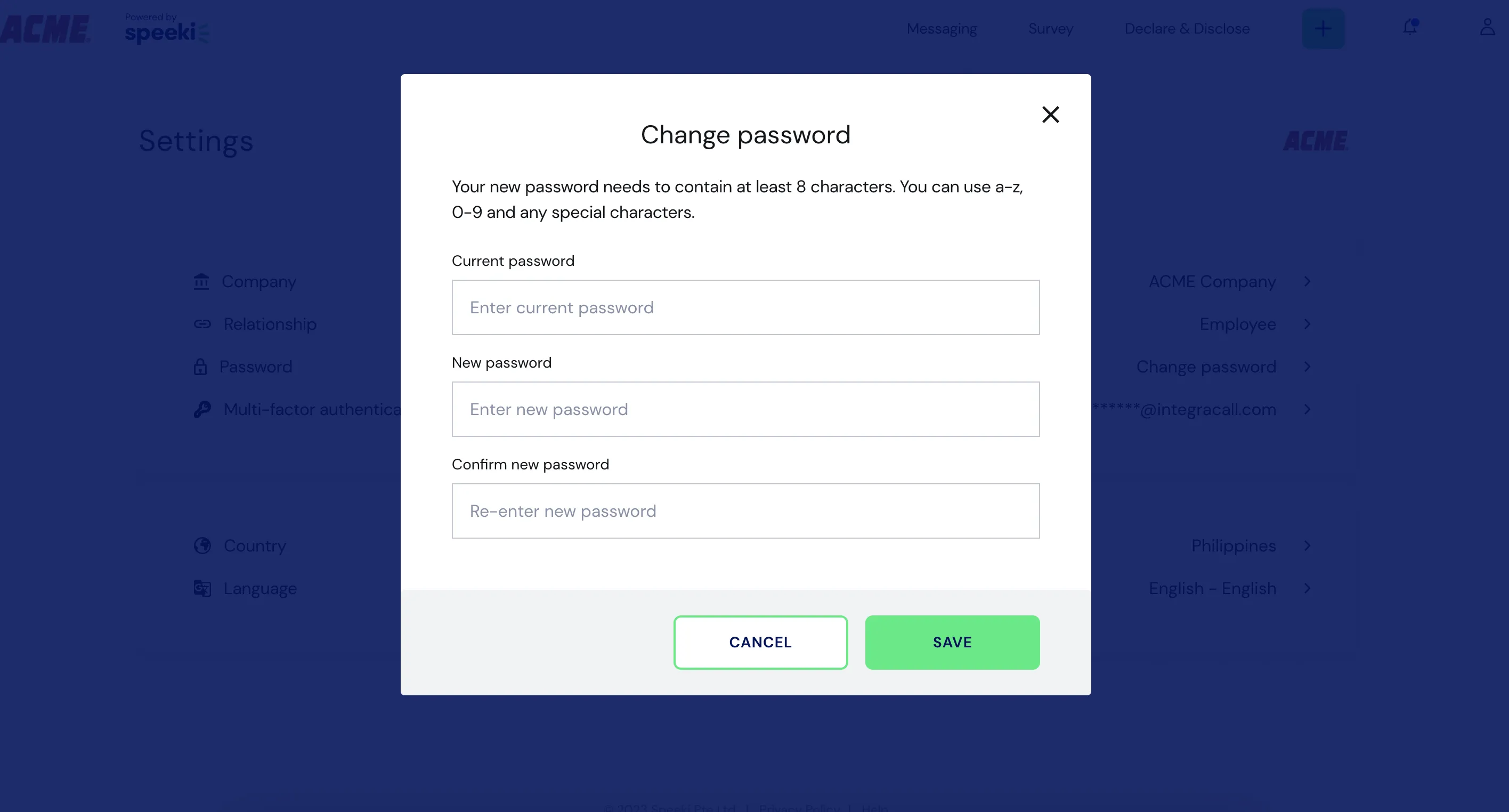 Web Portal Change password screen