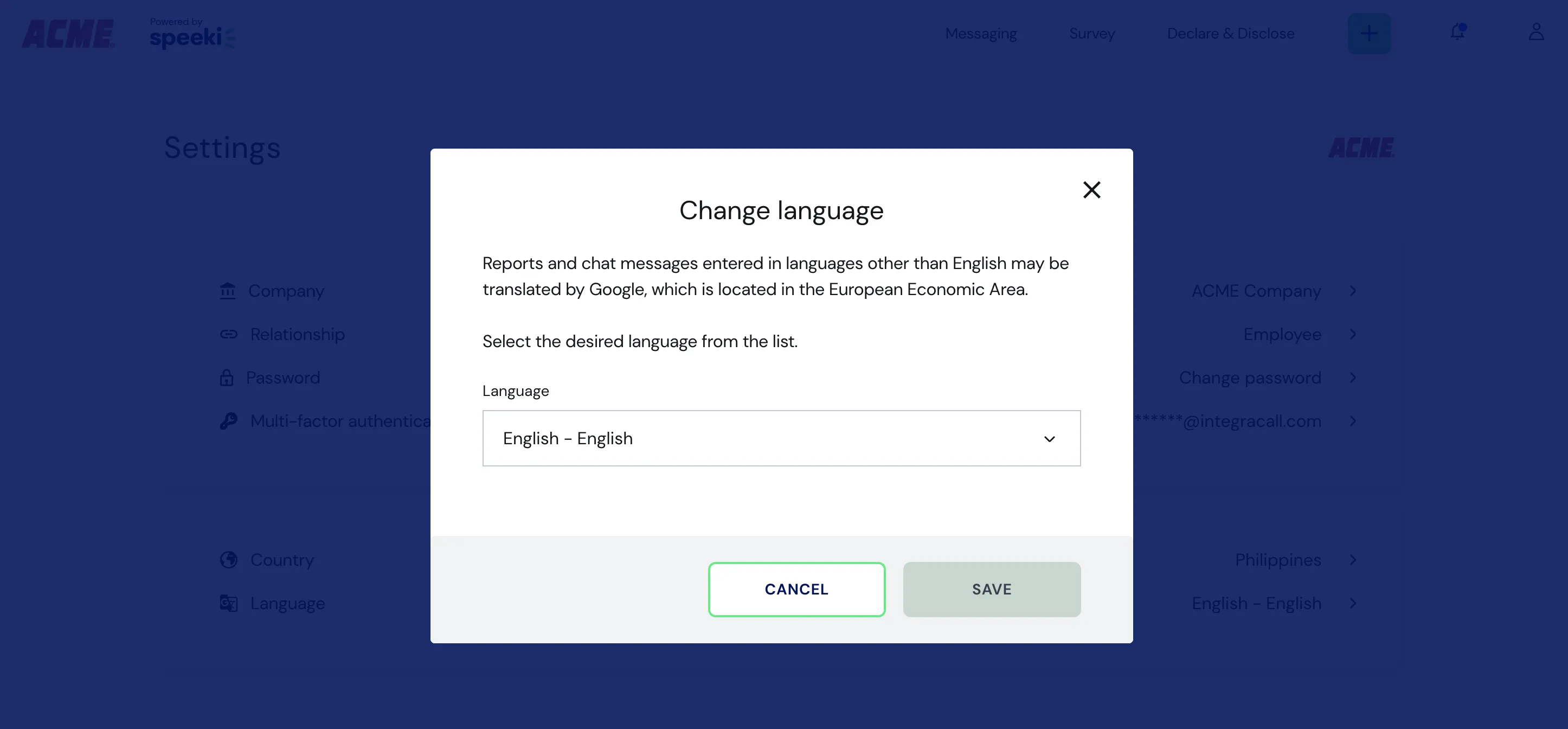 Web Portal Change language screen