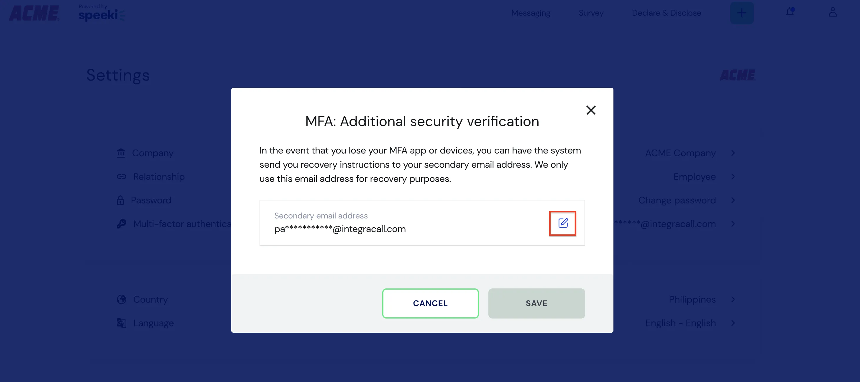 Web Portal MFA Change secondary email address screen