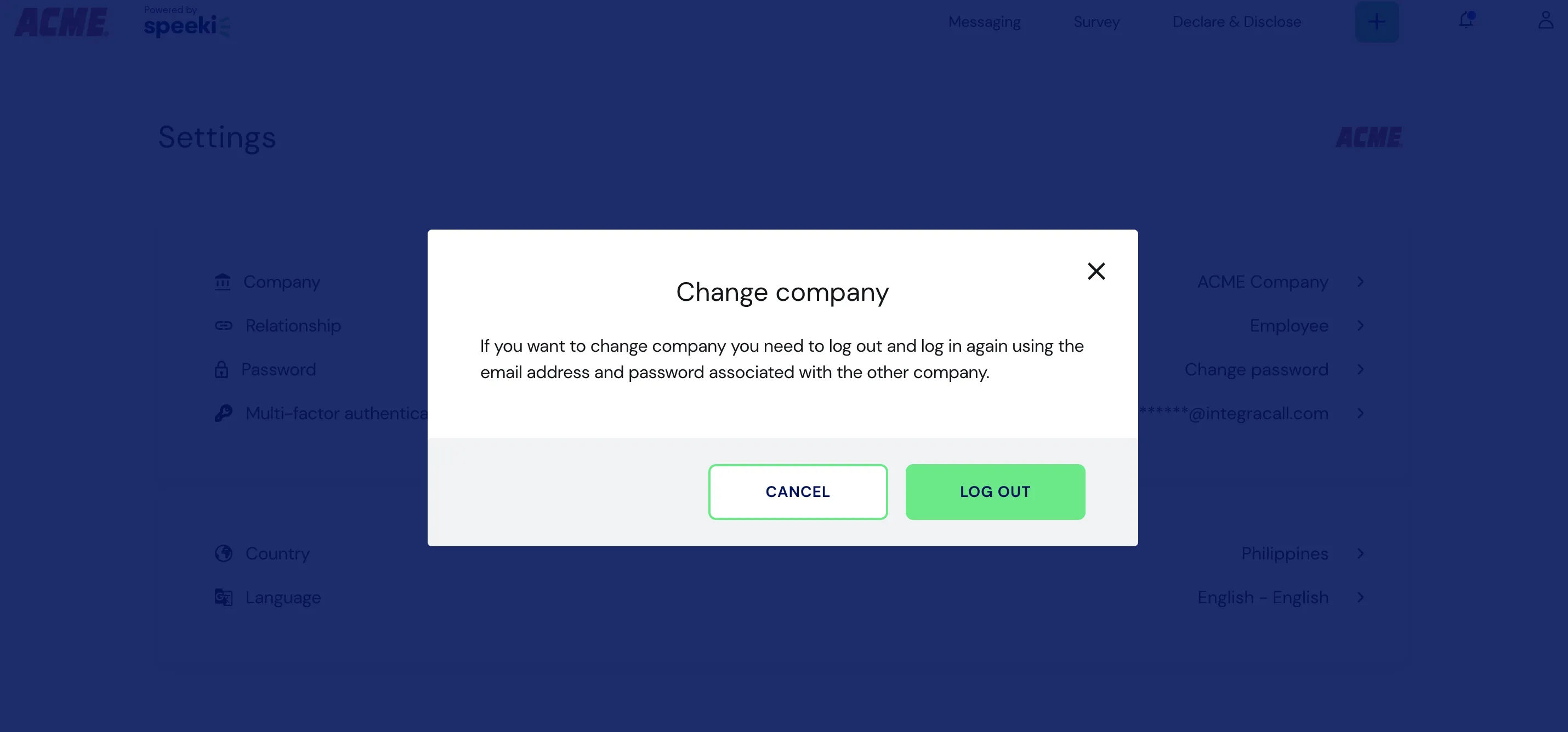 Web Portal Change company screen