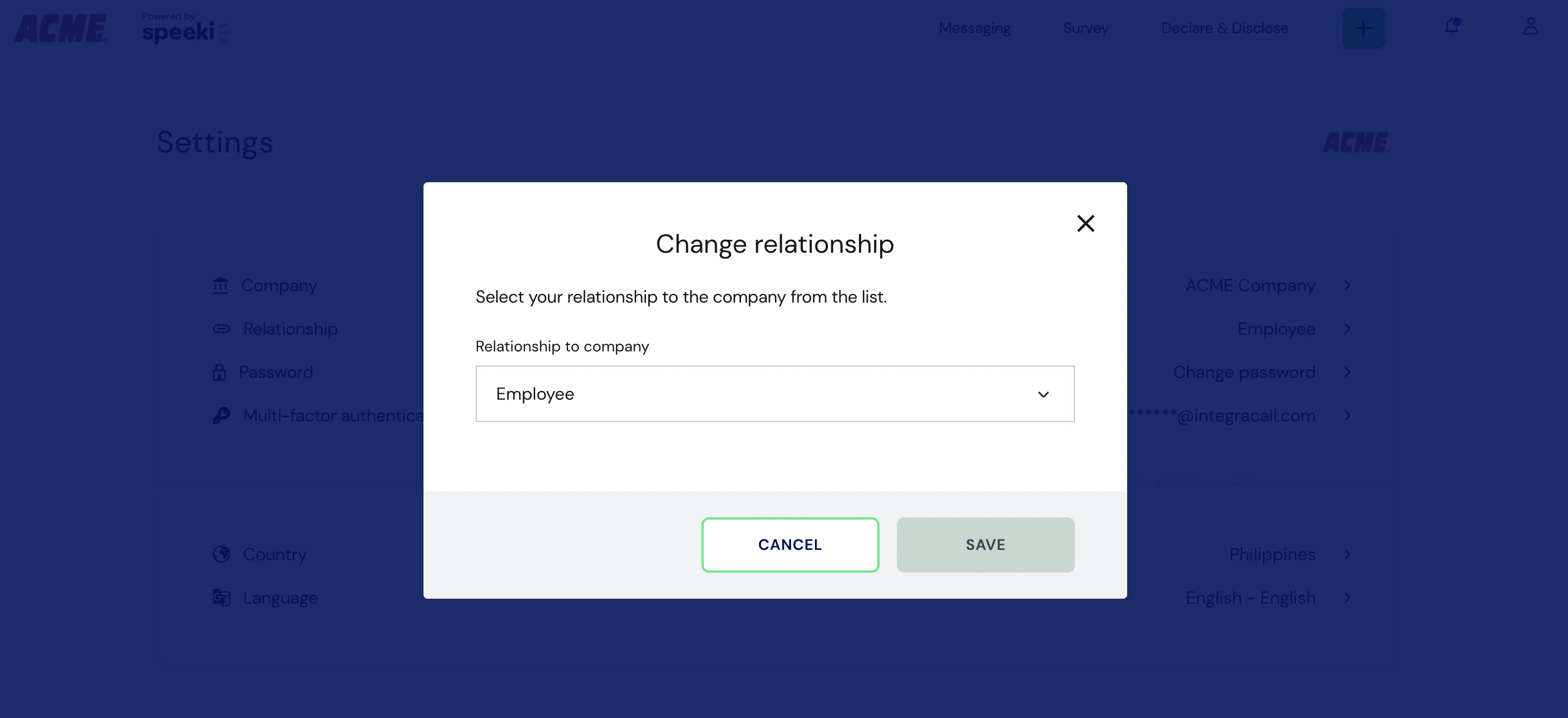 Web Portal Change relationship screen