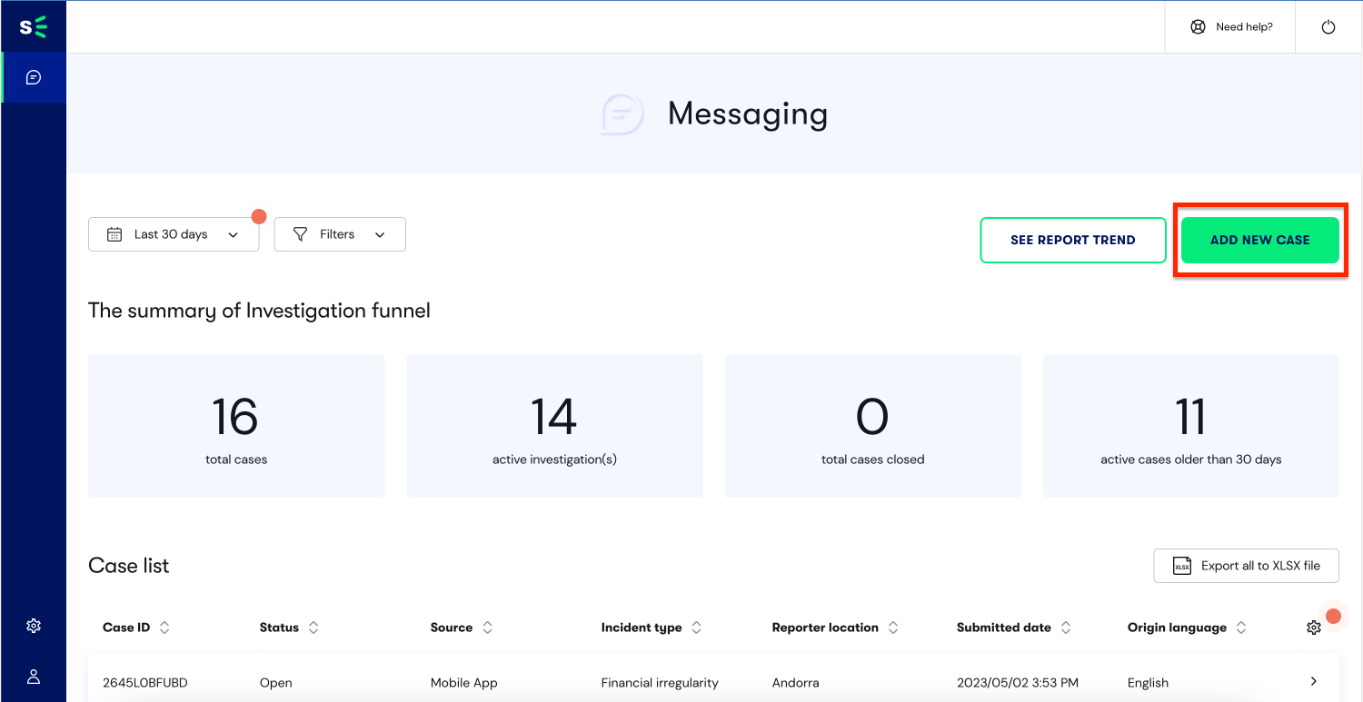 Case Manager Dashboard Schaltfläche "Neuen Fall hinzufügen